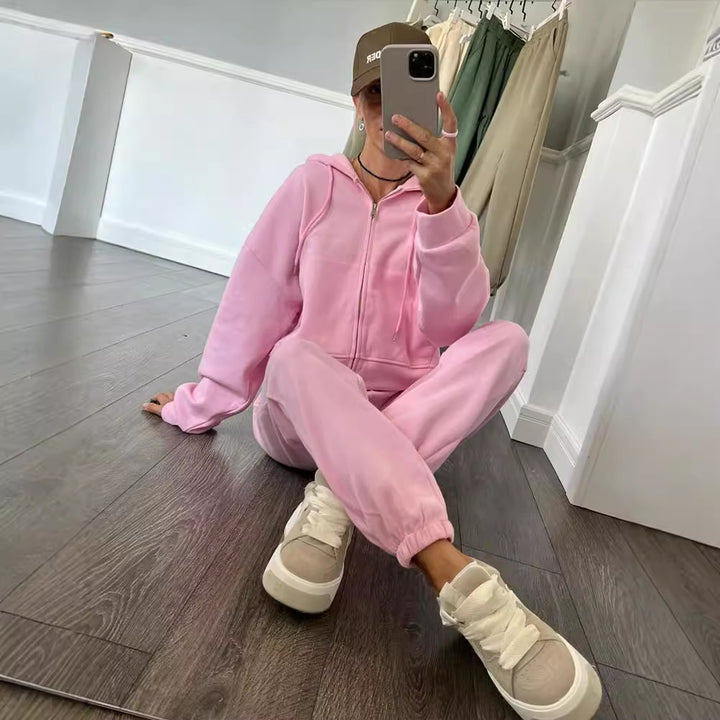Damen lässiges Kapuzen-Sweatshirt und Jogginghose Set in Oversize-Passform mit Reißverschluss und Kängurutasche Drune