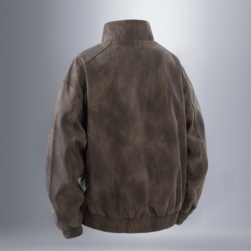 Herren Utility-Harringtonjacke in Lederoptik mit Mehrfachtaschen und elastischem Saum Drune