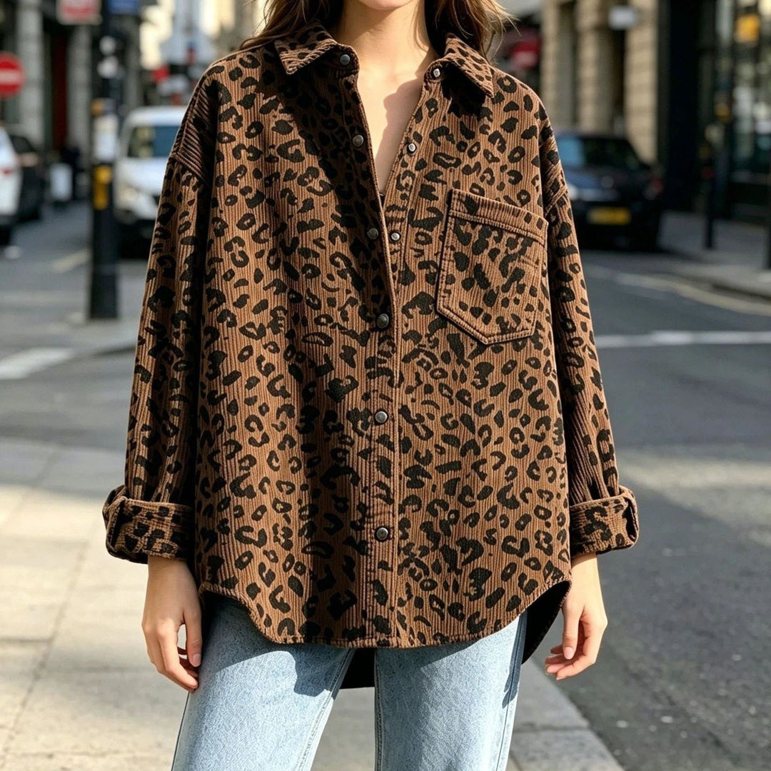 Damen Oversize Cord-Hemdenjacke mit Leopardenmuster und Druckknöpfen Drune