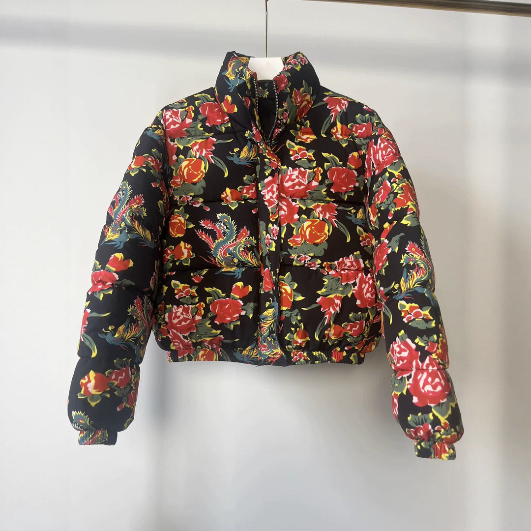 Damen Gesteppte Wattierte Kurzjacke mit floralem Alloverprint und Stehkragen Drune