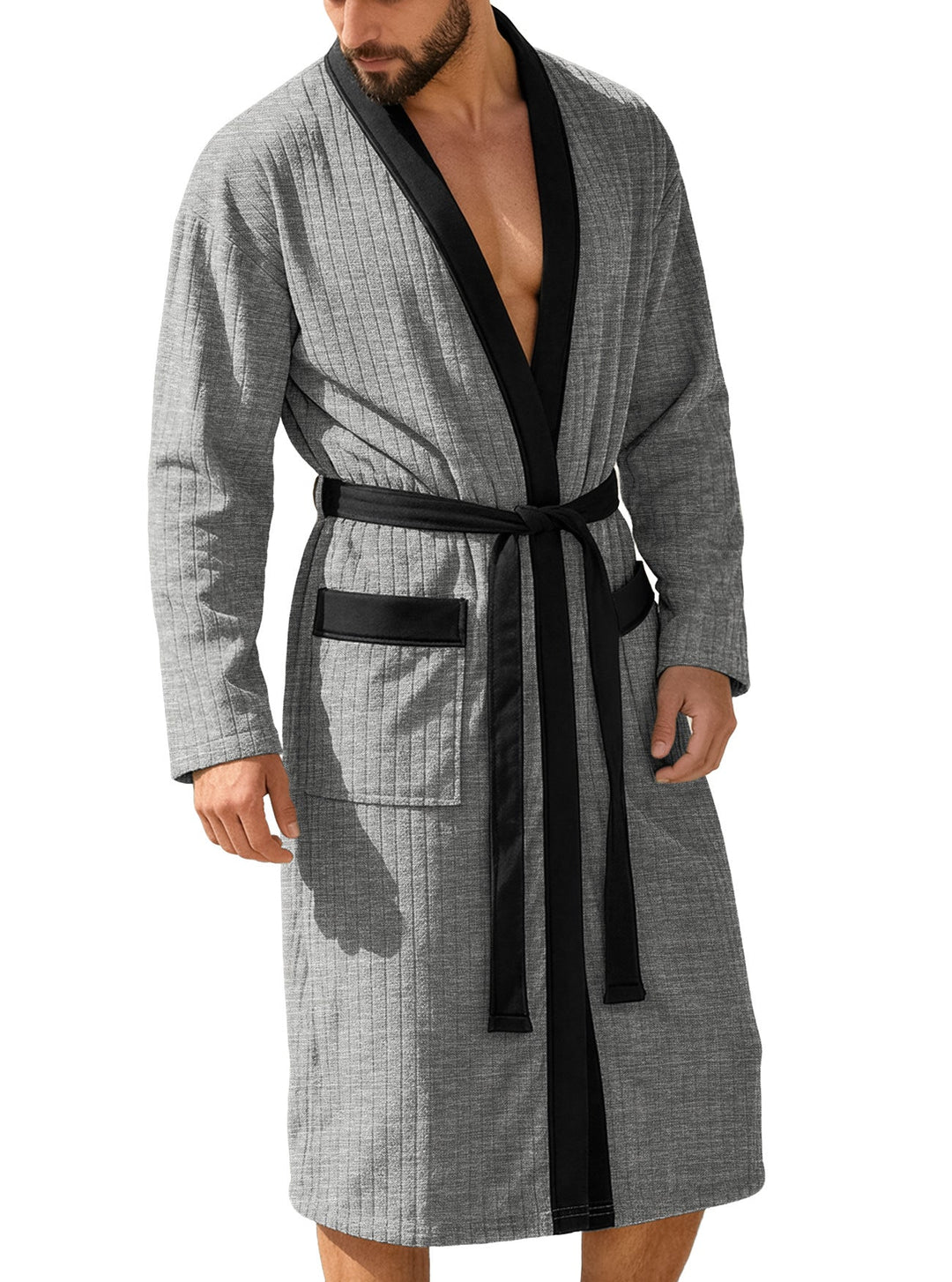 Herren nan wadenlanger Rippen-Bademantel im Kimono-Stil mit Schalkragen und Kontrastpaspel Drune