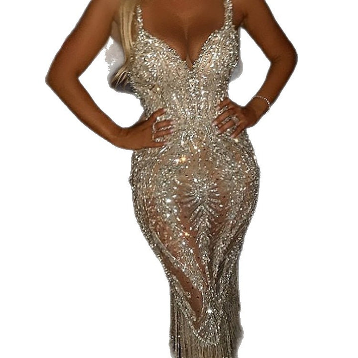 Damen Funkelndes Pailletten-Cocktailkleid mit Fransen und tiefem V-Ausschnitt Drune