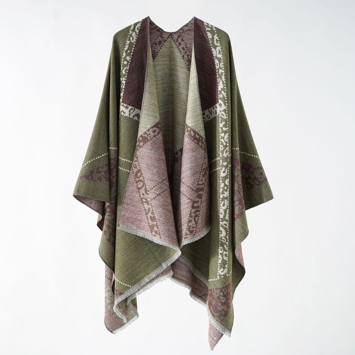 Damen Großer Double-Face Jacquard-Umhang mit Animal-Patch und feinem Fransensaum Drune