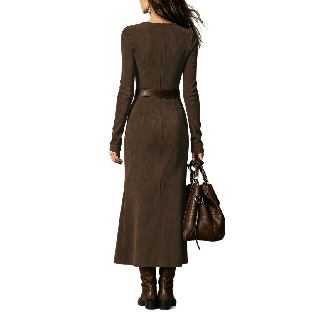 Damen Maxikleid aus Veloursimitat mit quadratischem Ausschnitt und hohem Beinschlitz Drune