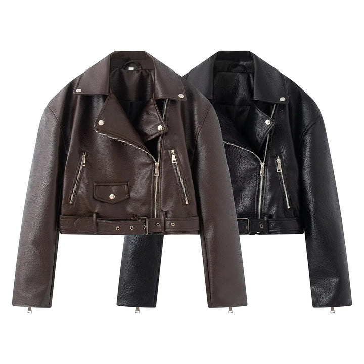 Damen nan cropped Bikerjacke aus veganem Lederimitat mit asymmetrischem Reißverschluss und Taillengürtel Drune
