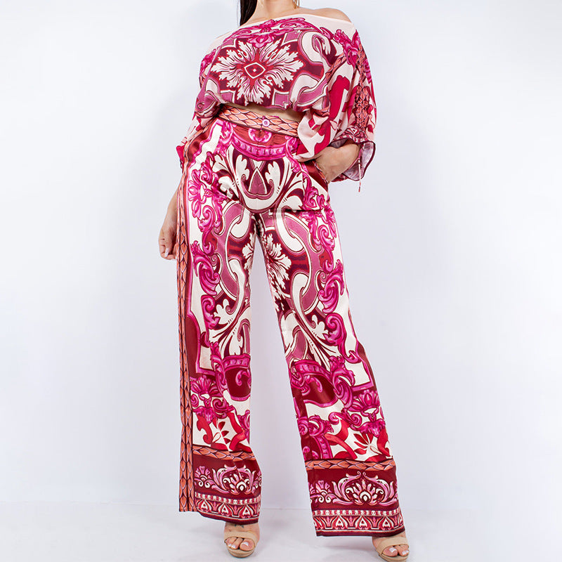 Damen Edles Kombination Outfit mit weitem Bein und eleganten Muster Drune