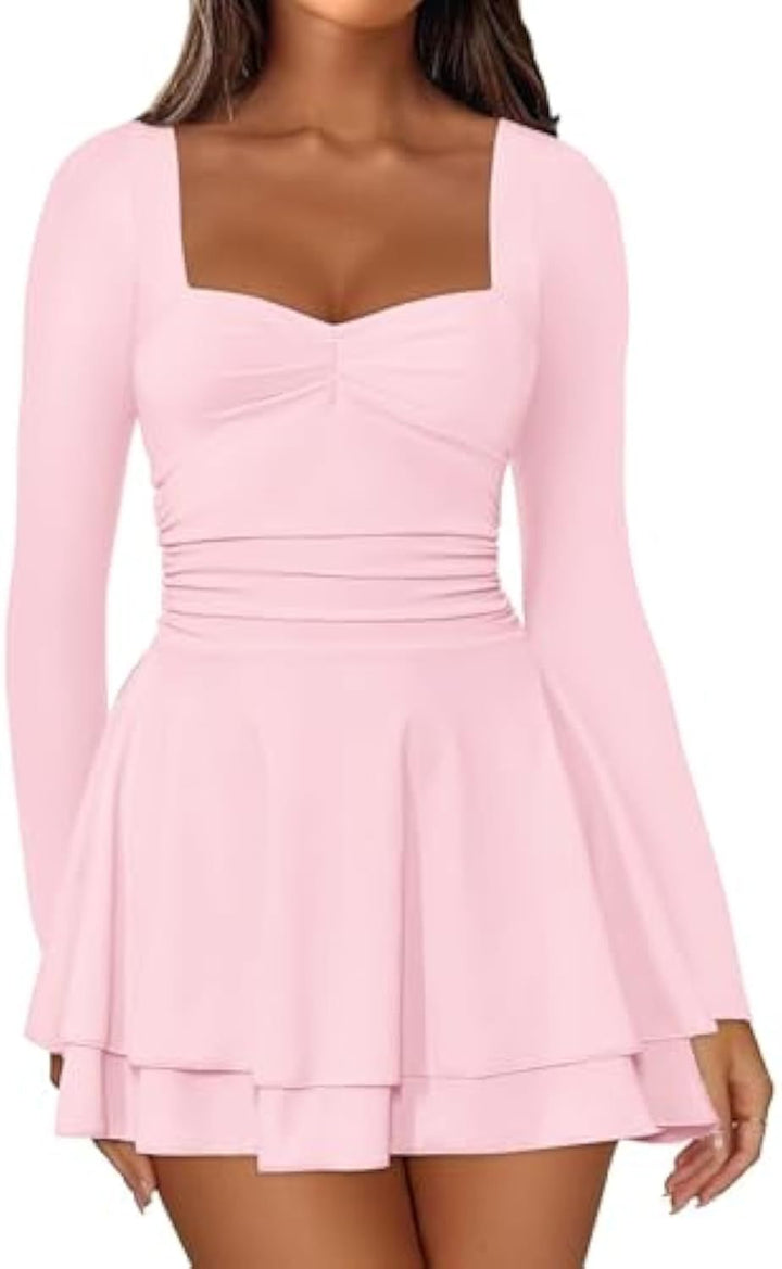 Damen Langarm-Minikleid mit quadratischem Ausschnitt, taillierter Raffung und zweilagigem Volantrock Drune