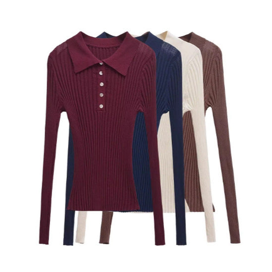 Damen Langarm Polo-Shirt mit eleganter Rippstruktur und Knopfleiste Drune