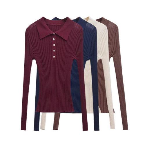 Damen Langarm Polo-Shirt mit eleganter Rippstruktur und Knopfleiste Drune