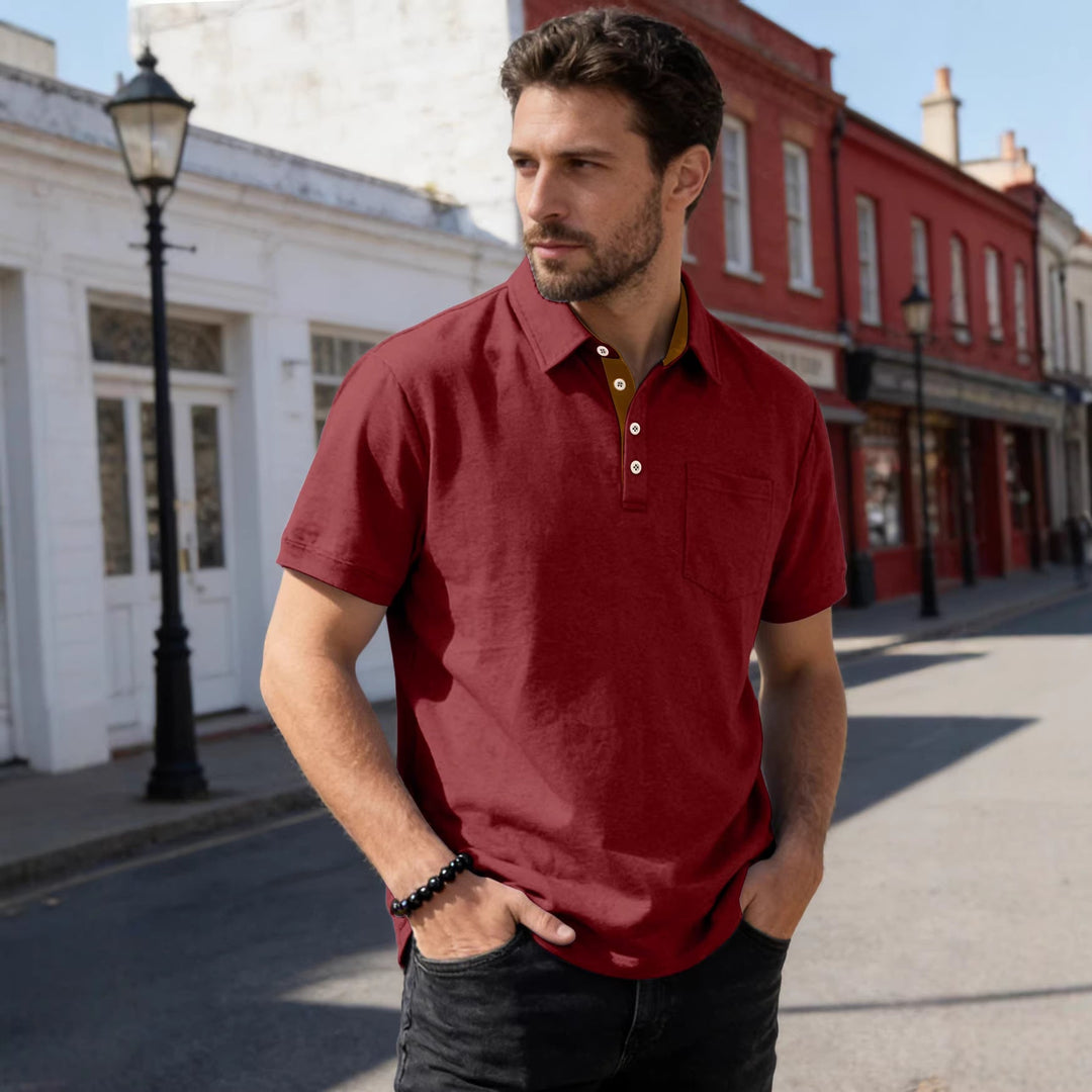 Herren nan Kurzarm-Polokragen-Shirt aus texturiertem Jersey mit Brusttasche und kontrastierter Knopfleiste Drune