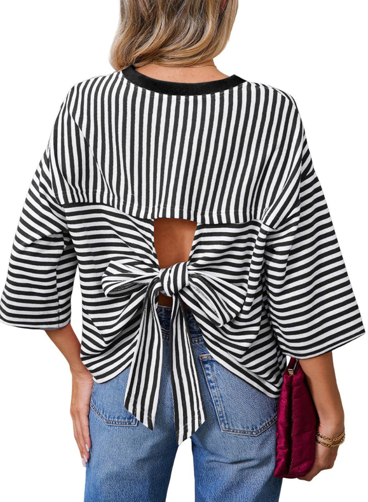 Damen Gestreiftes Oversize-Shirt mit Rückenausschnitt und Schleifenbindung Drune