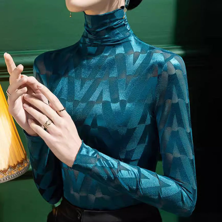 Damen Elegantes Rollkragenoberteil mit geometrischem Muster und transparenten Akzenten Drune