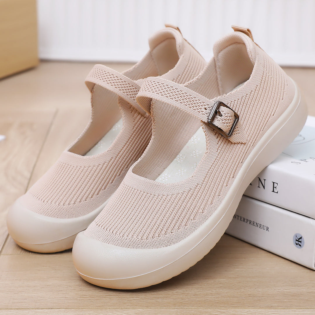 Damen nan gestrickter Mary-Jane Komfortschuh mit verstellbarem Riemen, atmungsaktivem Strickobermaterial und stoßdämpfender Leichtlaufsohle Drune