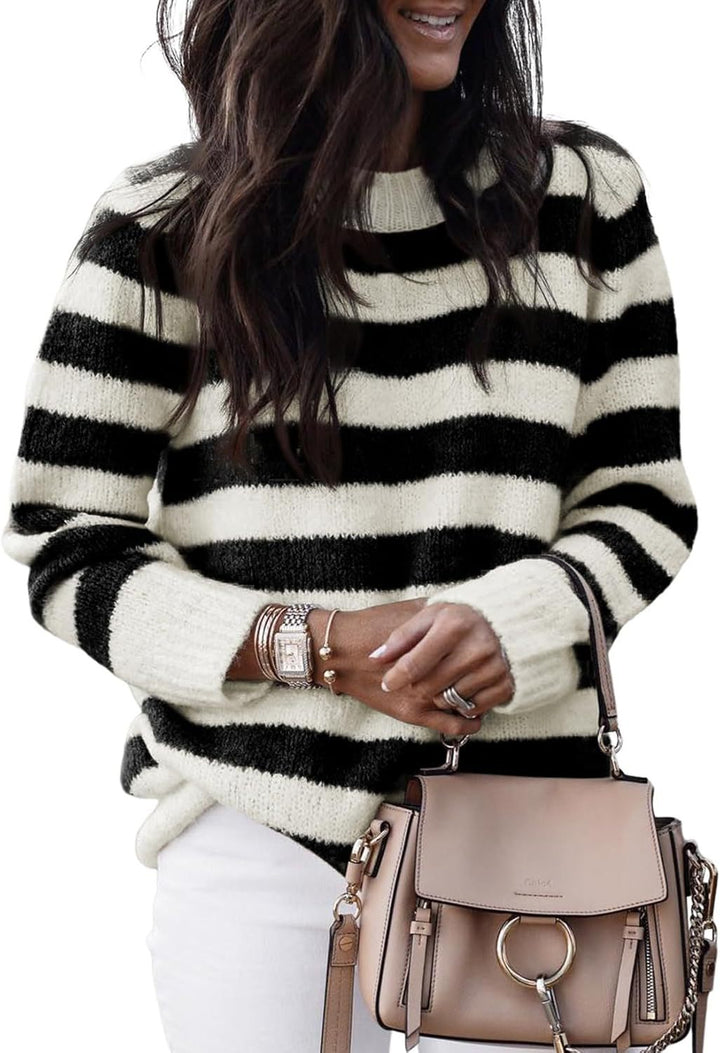 Damen lässiger Strickpullover mit breiten Querstreifen Drune