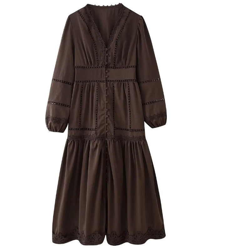 Damen 80+ Maxikleid mit V‑Ausschnitt, Spitzenbesatz, Knopfleiste und Ballonärmeln Drune