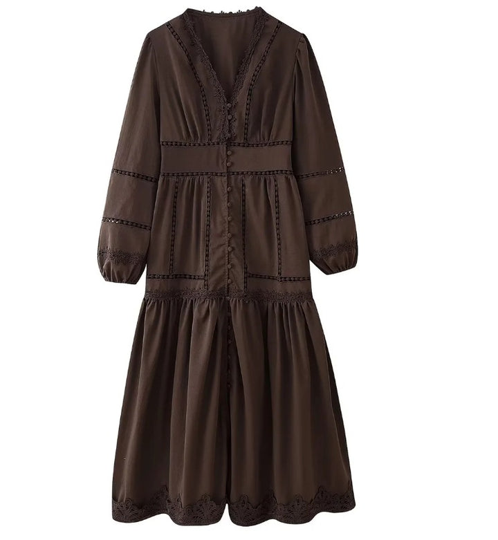 Damen 80+ Maxikleid mit V‑Ausschnitt, Spitzenbesatz, Knopfleiste und Ballonärmeln Drune