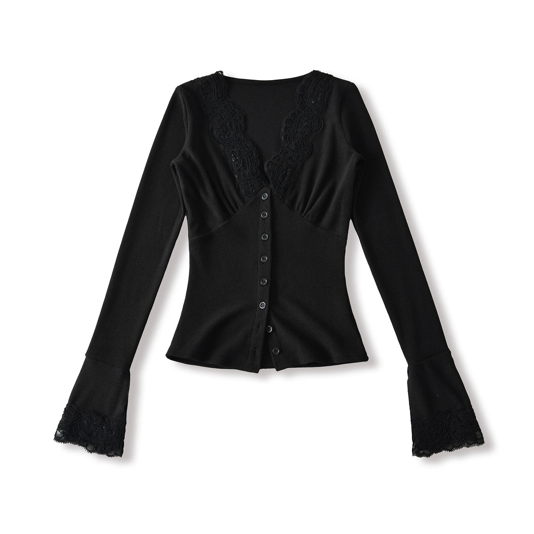 Damen Langarmshirt mit femininem Spitzenkragen und Knopfdetail Drune