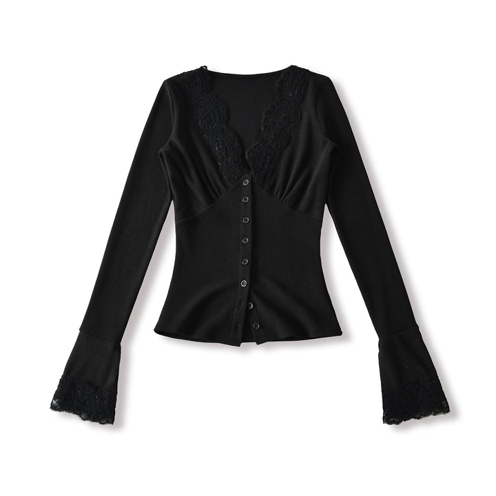 Damen Langarmshirt mit femininem Spitzenkragen und Knopfdetail Drune