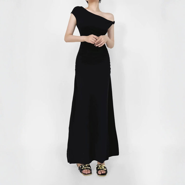 Damen Maxikleid mit asymmetrischem Ausschnitt und raffinierten Rüschendetails Drune