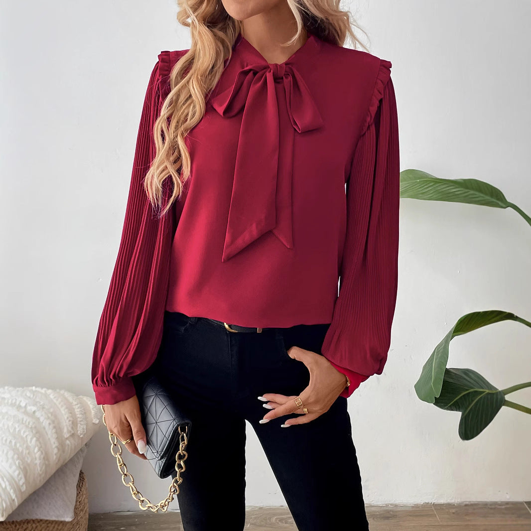 Damen Elegante Chiffon-Bluse mit Schleifenkragen und Plissee-Ärmeln Drune