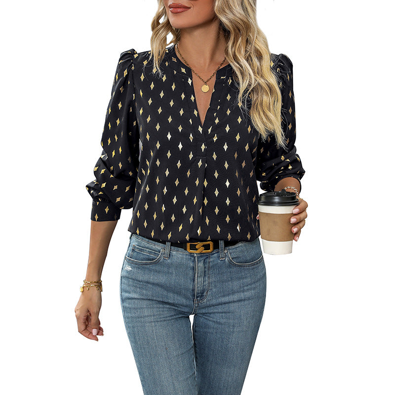 Damen Bedruckte Viskose-Bluse mit Rautendruck, Stehkragen und Ballonärmeln Drune