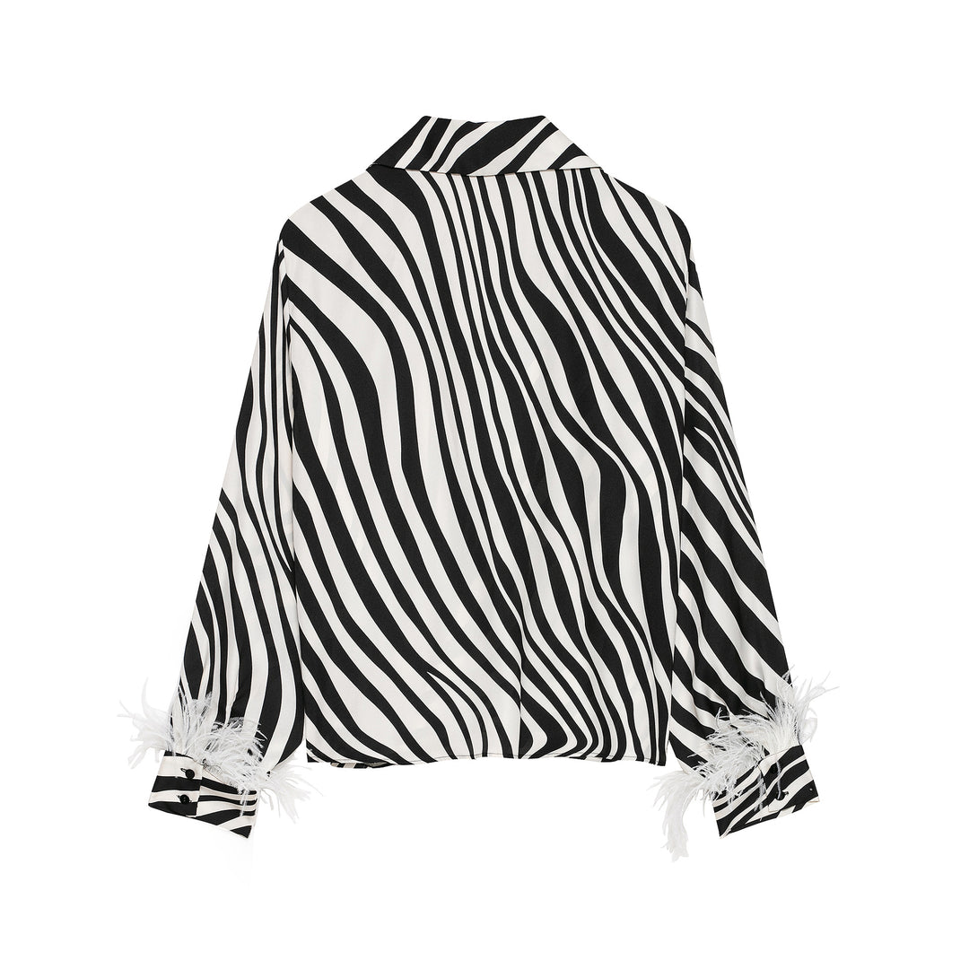 Damen Gestreifte Cropped-Bluse im Hemdstyle mit Federbesatz Drune