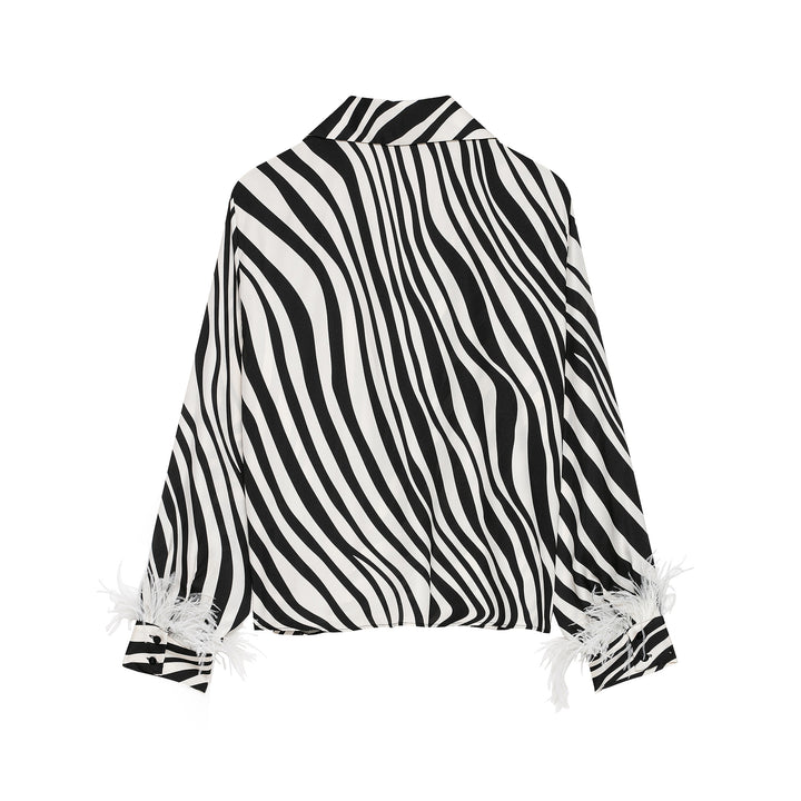 Damen Gestreifte Cropped-Bluse im Hemdstyle mit Federbesatz Drune