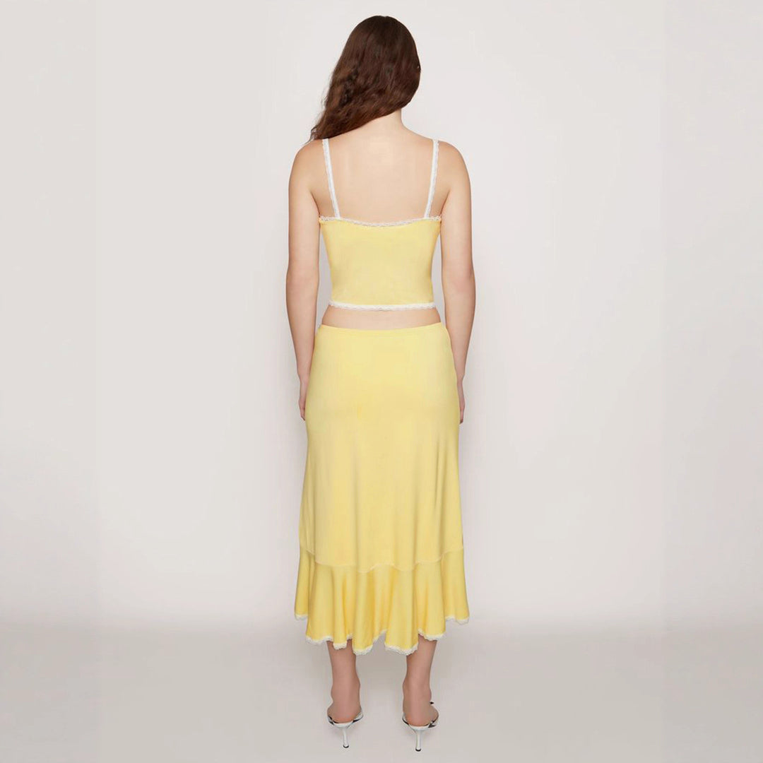 Damen elegantes Set aus Spaghetti-Trägeroberteil und wadenlangem Rock mit Rüschensaum Drune