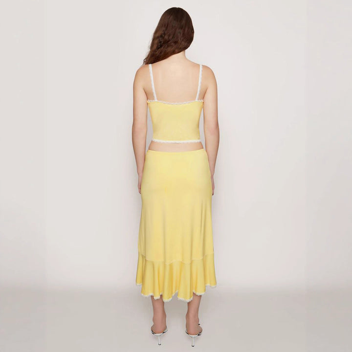 Damen elegantes Set aus Spaghetti-Trägeroberteil und wadenlangem Rock mit Rüschensaum Drune