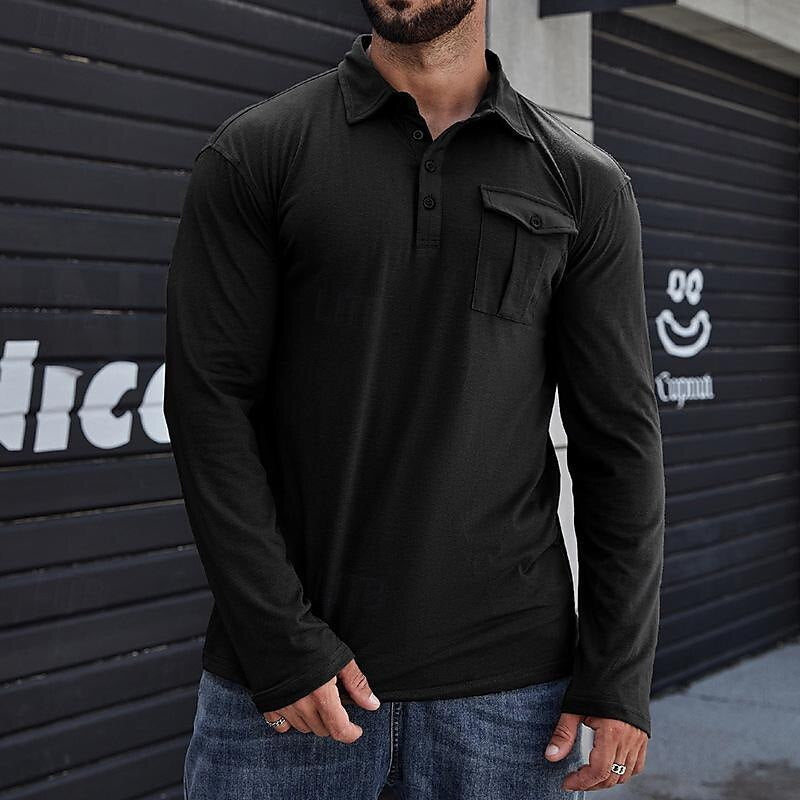 Drune | Henley Pique Shirt Lange Ärmel Moderner Kragen Brusttasche Normale Passform