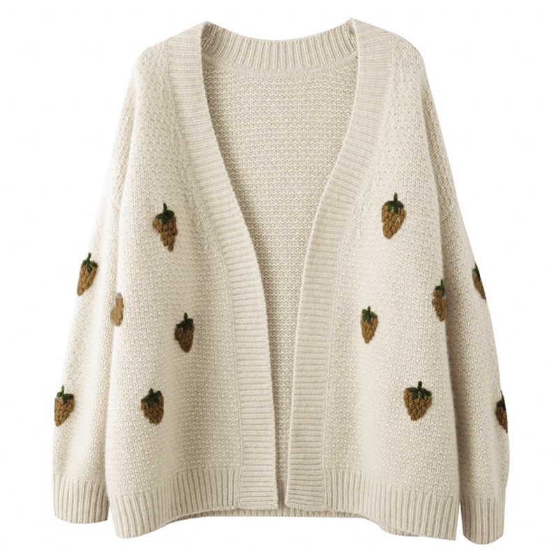 Damen Strickjacke mit fröhlichem Erdbeermuster Drune