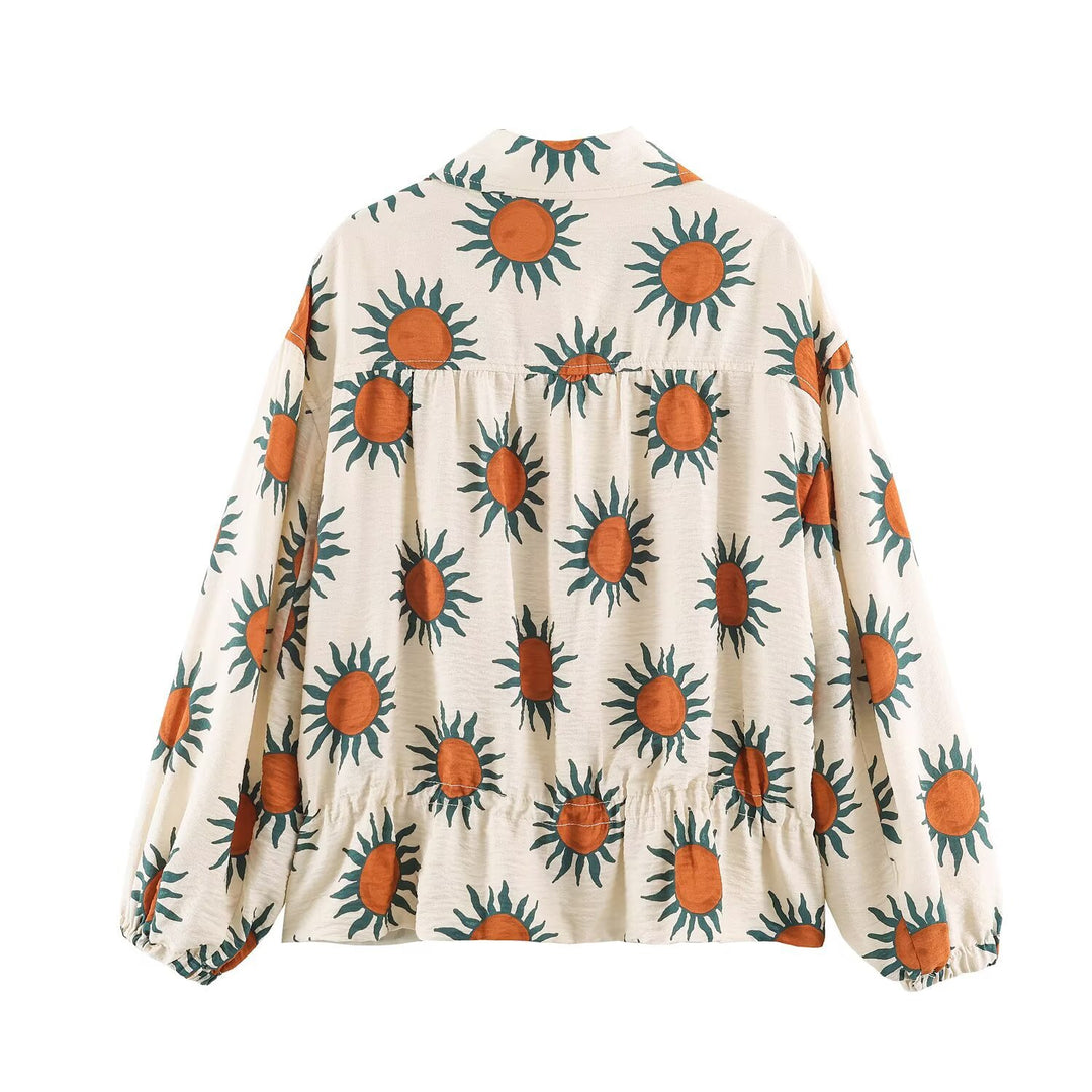 Damen Leichte bedruckte Blousonjacke mit Sonnendesign, Tunnelzugtaillierung und Reißverschluss Drune