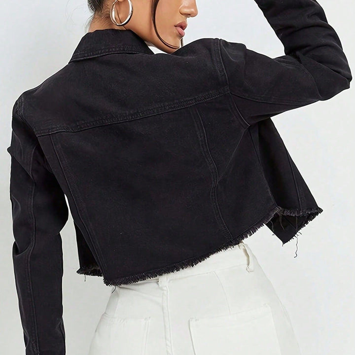 Damen Cropped Jeansjacke mit perlenbesetztem Kragen und rohem FransenSaum Drune