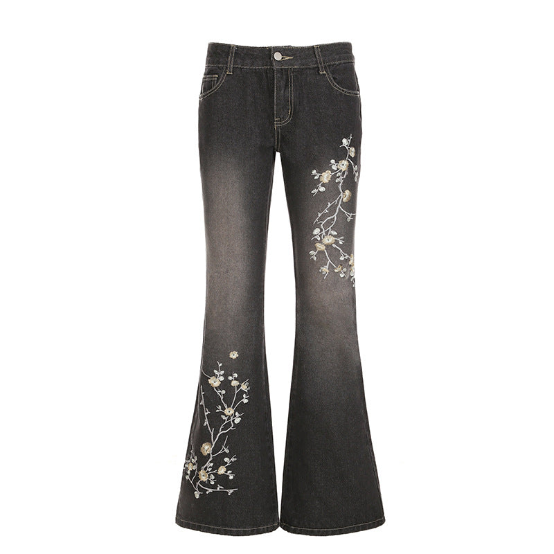 Damen nan taillierte Schlaghose-Jeans mit floraler Stickerei, Stretchdenim und Five-Pocket-Schnitt Drune