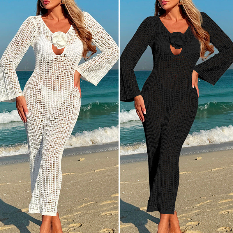 Damen Häkel-Strandkleid mit V-Ausschnitt und Blütenapplikation Drune