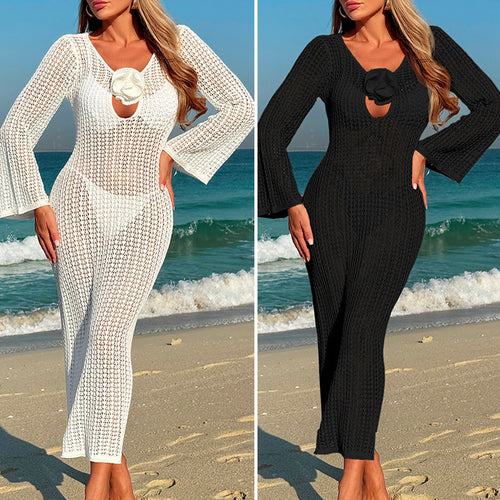 Damen Häkel-Strandkleid mit V-Ausschnitt und Blütenapplikation Drune
