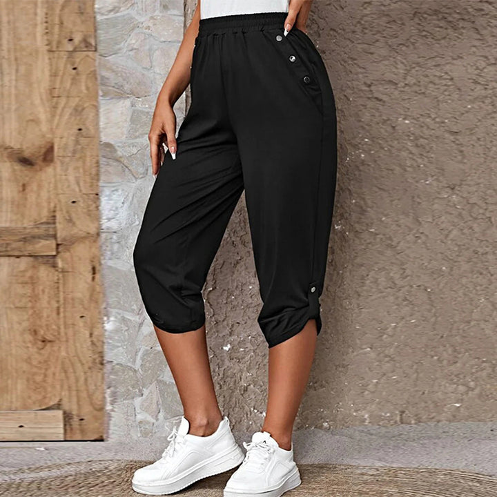 Damen nan lässige dreiviertellange Hose mit elastischem Bund, Eingrifftaschen und krempelbarem Saum Drune