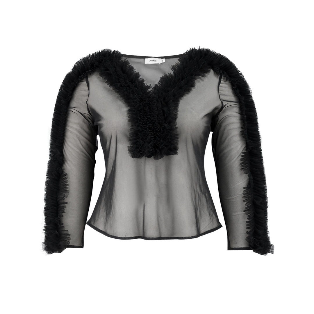 Damen transparente Bluse mit voluminösen Rüschen Drune