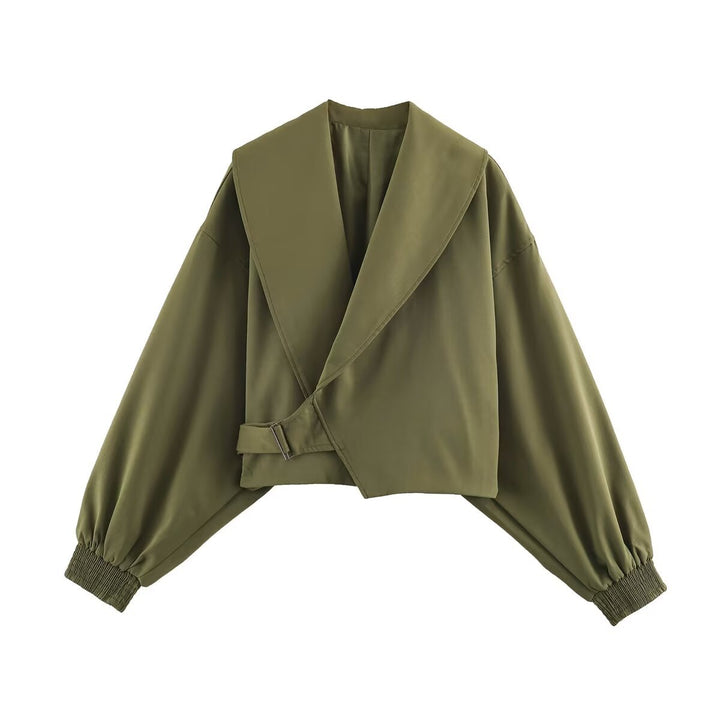 Damen Cropped-Jacke mit weitem Matrosenkragen, asymmetrischem Überschlag und Ballonärmeln Drune