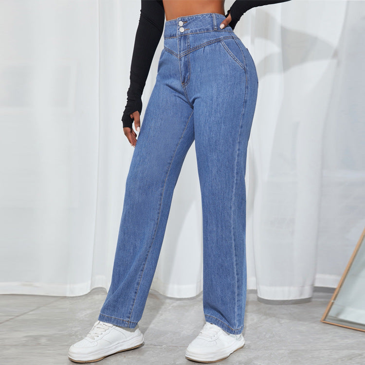 Damen hochtaillierte gerade geschnittene Jeanshose mit V-förmigem Bund und weitem Bein Drune