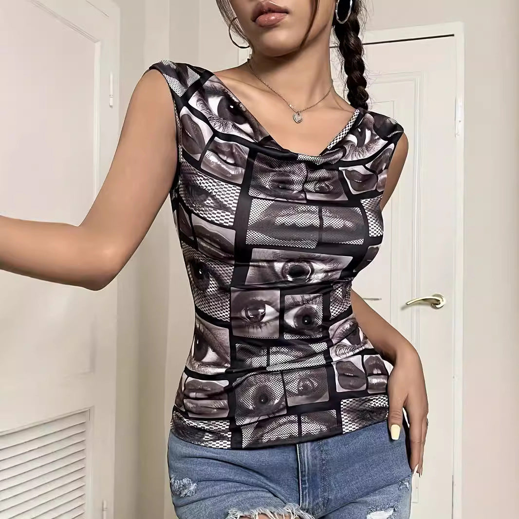 Damen nan tailliertes ärmelloses Jersey-Top mit Wasserfallkragen und collageartigem Gesichtsprint Drune