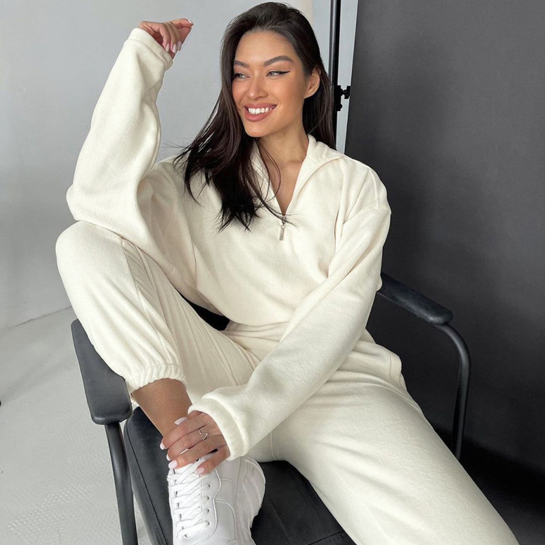 Damen nan kurz geschnittenes Thermo-Fleece-Set mit Halbfront-Reißverschluss und hohem Komfortbund Drune