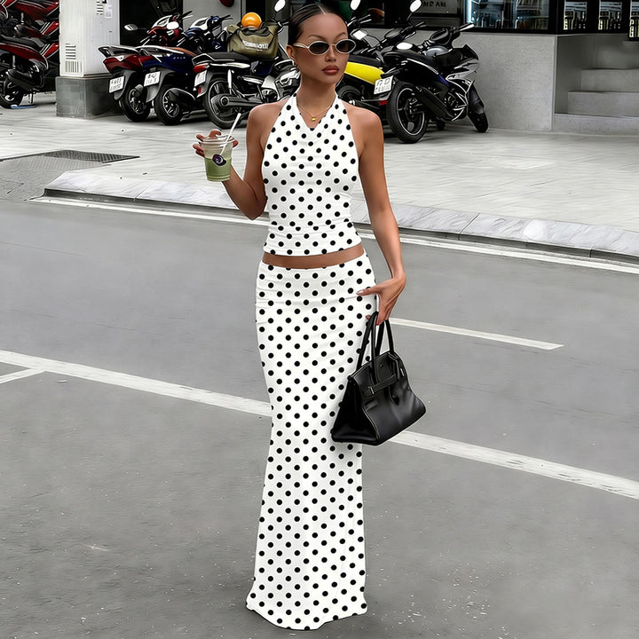 Damen Polka Dots Maxikleid Set Drune