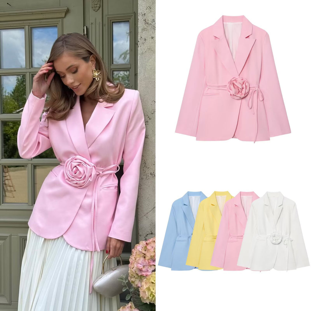 Damen nan taillierter Blazer mit dekorativer Rosenapplikation und Bindegürtel Drune