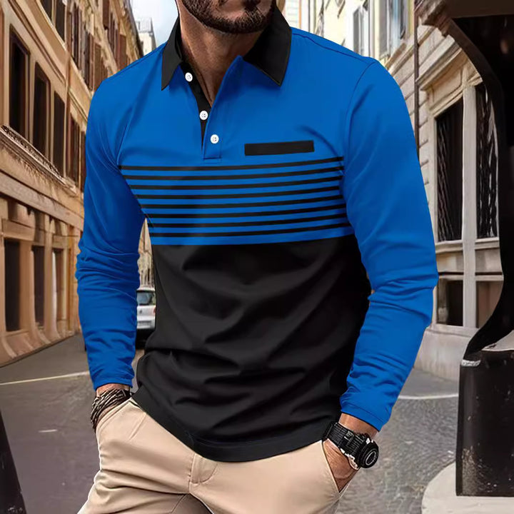 Herren nan langärmliges Poloshirt mit kontrastierendem Hemdkragen, dezenter Brustpaspel und feinem Streifenrelief Drune