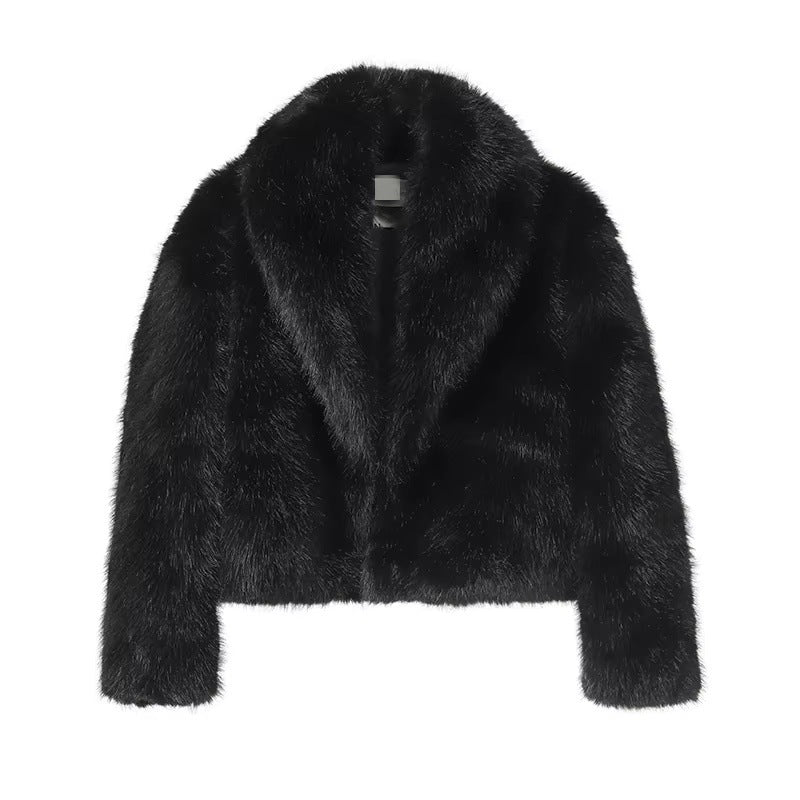 Damen Cropped Kunstpelz-Kurzjacke mit extravoluminösem Schalkragen Drune