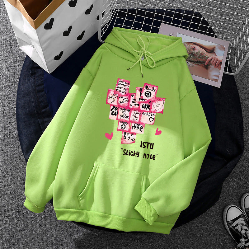 Damen nan Kapuzenpullover mit Sticky-Note Grafik, Kängurutasche und weichem Fleecefutter Drune