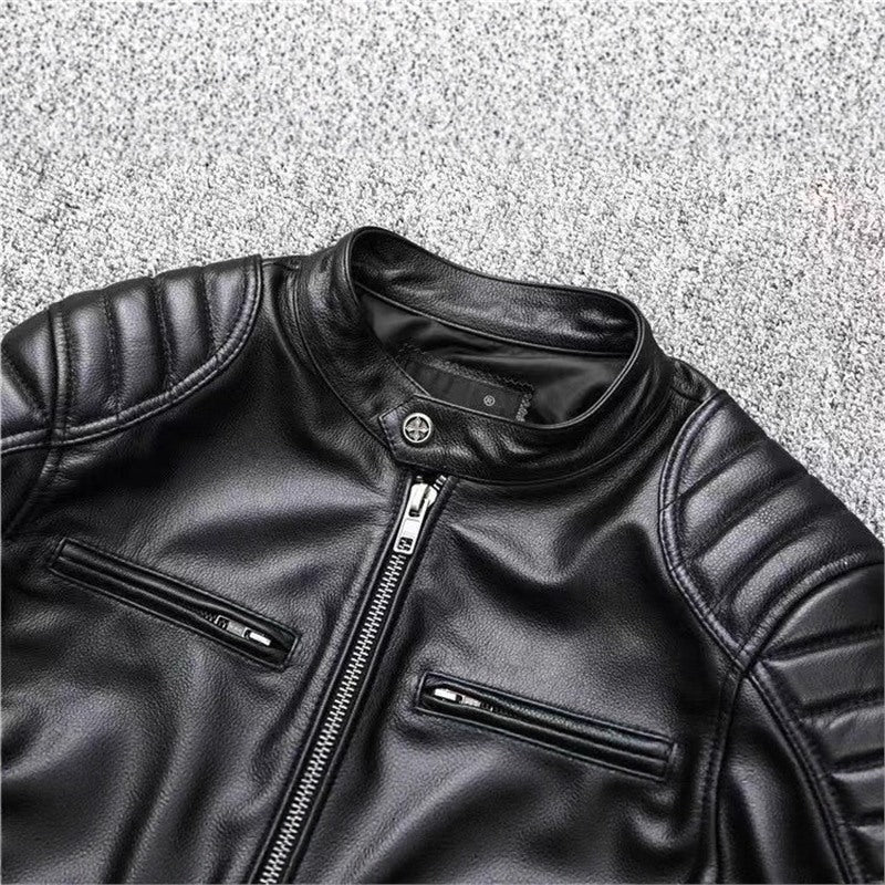 Herren Vintage Biker-Lederjacke mit Stehkragen und gesteppter Schulterpolsterung Drune