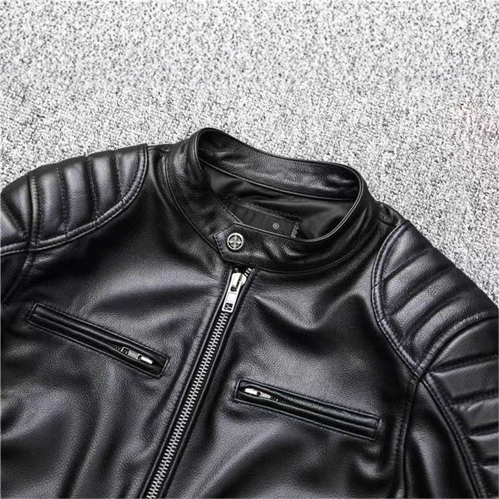 Herren Vintage Biker-Lederjacke mit Stehkragen und gesteppter Schulterpolsterung Drune