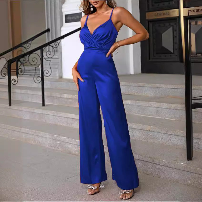 Damen Eleganter Jumpsuit mit tiefem V-Ausschnitt und schmaler Taille Drune
